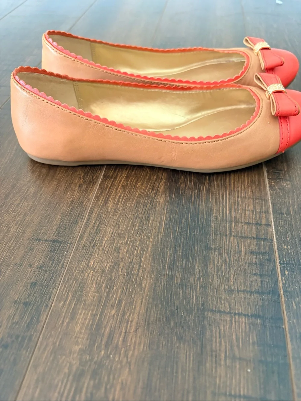 Coach Colorblock Leather Ballet Flats Coral Pink & Tan Bow Shoes Size 36 - Picture 5 of 15